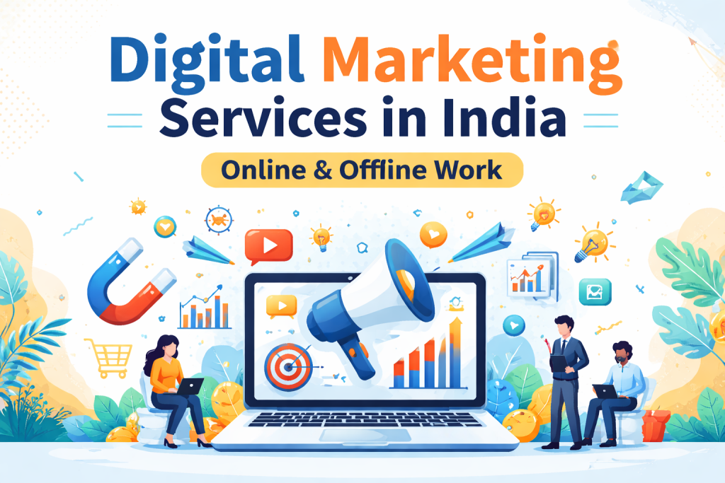 Digital marketing services in India banner showing online and offline marketing strategies with laptop, megaphone, social media icons, and business growth graphics.