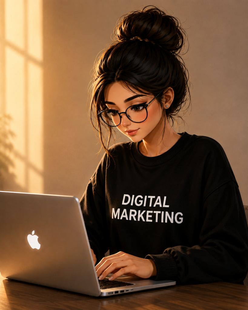 Digital marketing professional working on a laptop